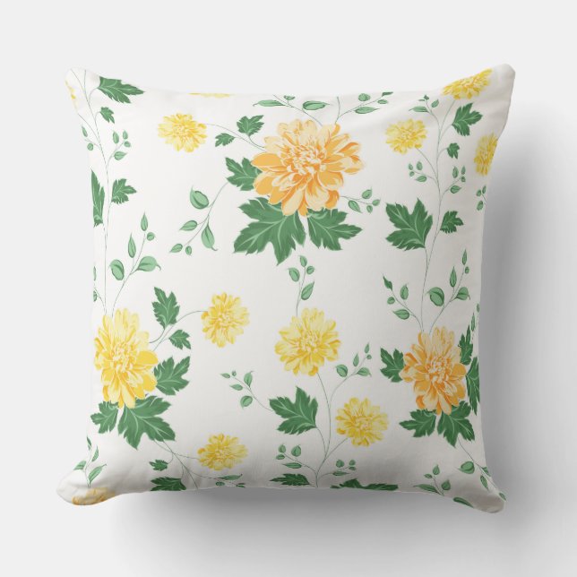 Modern Gul Grön  Akvarell Blommig  Kudde (Framsida)