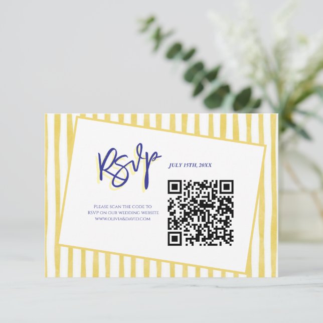 Modern gul handskriven randig QR-kod bröllop OSA Kort (Stående Fram)
