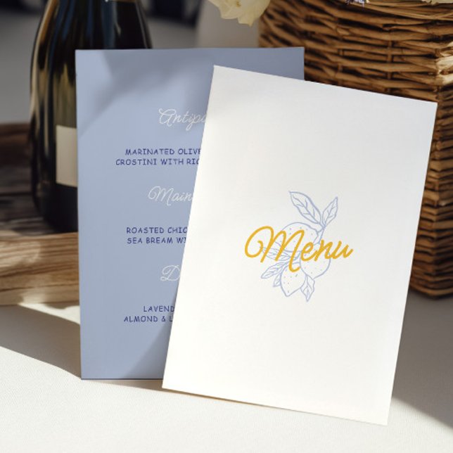 Modern gul och blå citrus bröllopsmeny kort (Modern Yellow & Blue Citrus Wedding Menu Card)