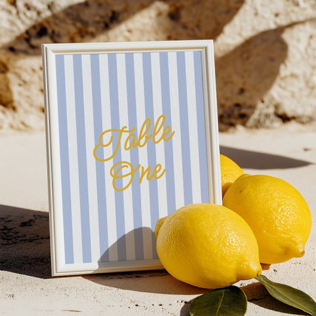 Modern gul och blå randig tabellnummer för bröllop (Modern Yellow & Blue Striped Wedding Table Number)
