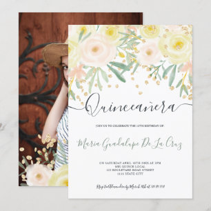 Modern gul ros grönt blommigt guld Quinceanera Inbjudningar