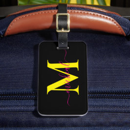 Modern gul rosa & svart monogram skriptnamn bagagebricka