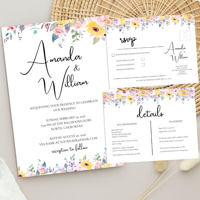 Modern Gul Senap och Lavendel Blommig Bröllop Inbjudningar (Modern Mustard Yellow and Lavender Floral Wedding Invitation)