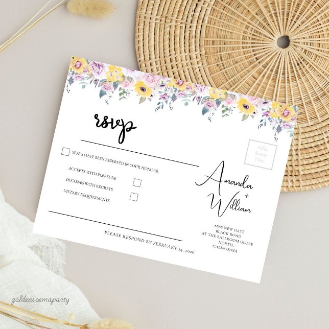 Modern Gul Senap och Lavendel Blommig Bröllop OSA Kort (Modern Mustard Yellow and Lavender Floral Wedding RSVP)