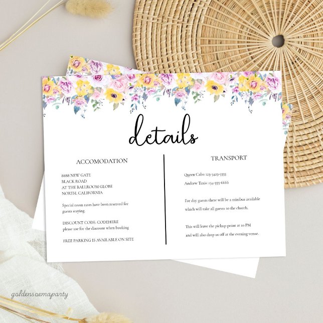 Modern gul senap och lavendel blomsterdetaljer tilläggskort (Modern Mustard Yellow and Lavender Floral Wedding Details)