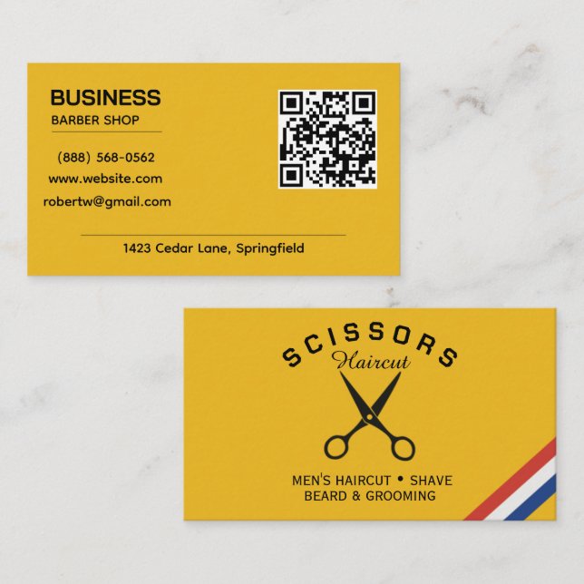 Modern Gul Senap QR-kod Barberare Visitkort (Fram/baksida)