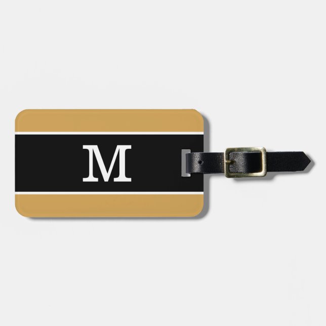 Modern Gul Senap Svart Vit Randig Monogram Bagagebricka (Horisontell Framsida)