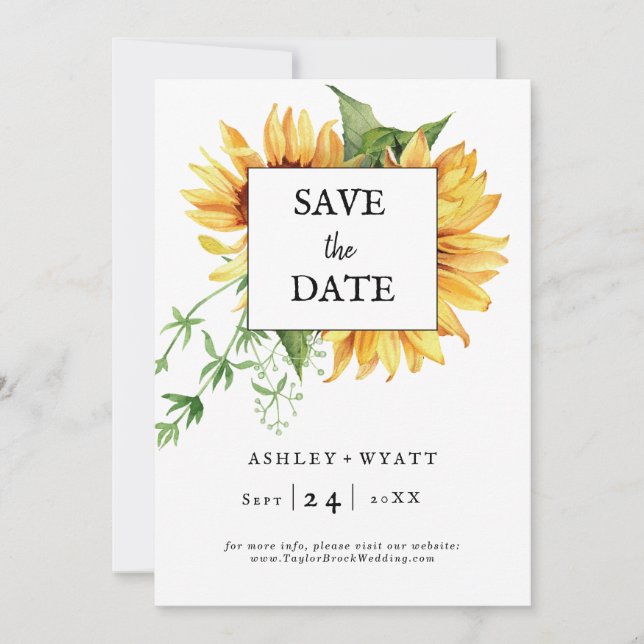 Modern Gul Solros Bröllop Flat Save The Date Spara Datumet (Framsida)