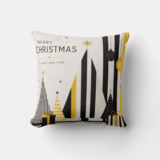 Modern Gul Svart och Vit Jul Kudde (Framsida)