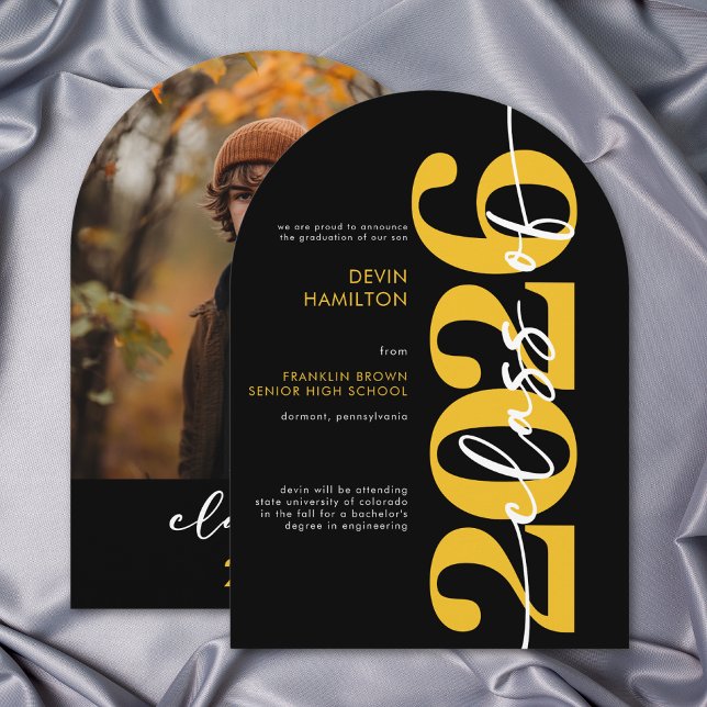 Modern gul typografi välvd examensannonsering inbjudningar (Modern Yellow Typography Arch Grad Announcement)