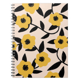 Modern Gula blommor Black Löv Mönster Anteckningsbok