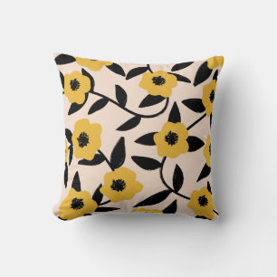 Modern Gula blommor Black Löv Mönster Kudde