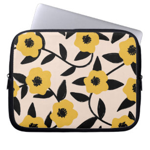 Modern Gula blommor Black Löv Mönster Laptop Fodral