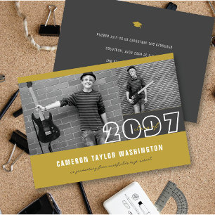 Modern Guld 2 Fotoblock Enkel Examenfest Inbjudningar