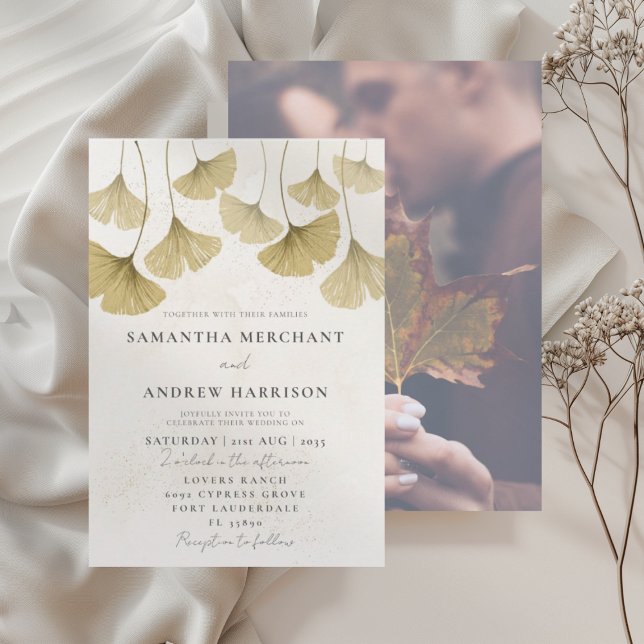 Modern Guld Akvarell Ginkgo blad Bröllop Inbjudningar (Skapare uppladdad)
