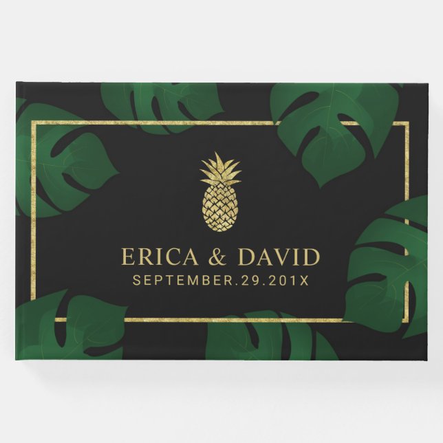 Modern Guld-ananas Tropical Bröllop Gästböcker (Framsida)
