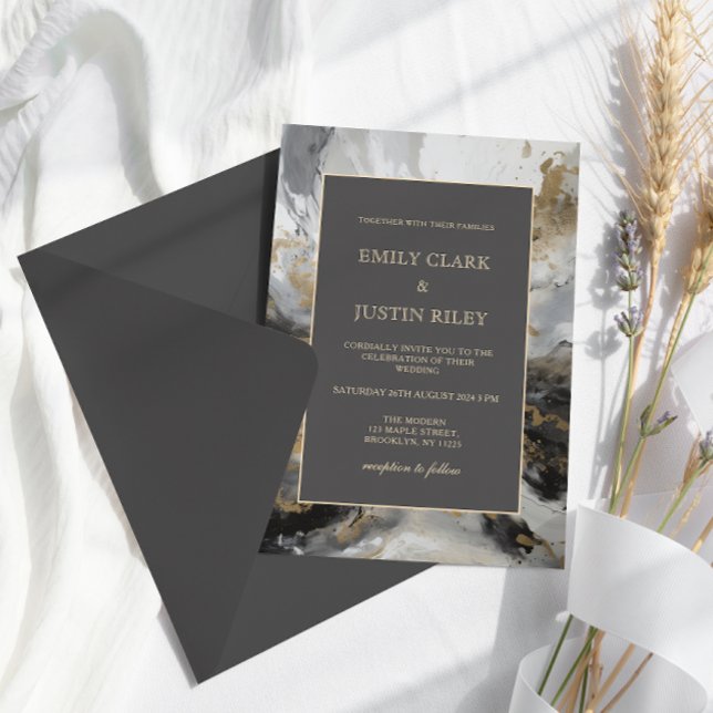 Modern Guld Antracite Artistic Watercolor Bröllop Inbjudningar (Skapare uppladdad)