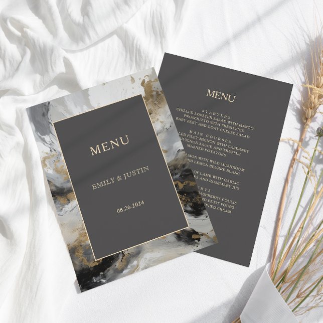 Modern Guld Antracite Artistic Watercolor Bröllop Meny (Skapare uppladdad)