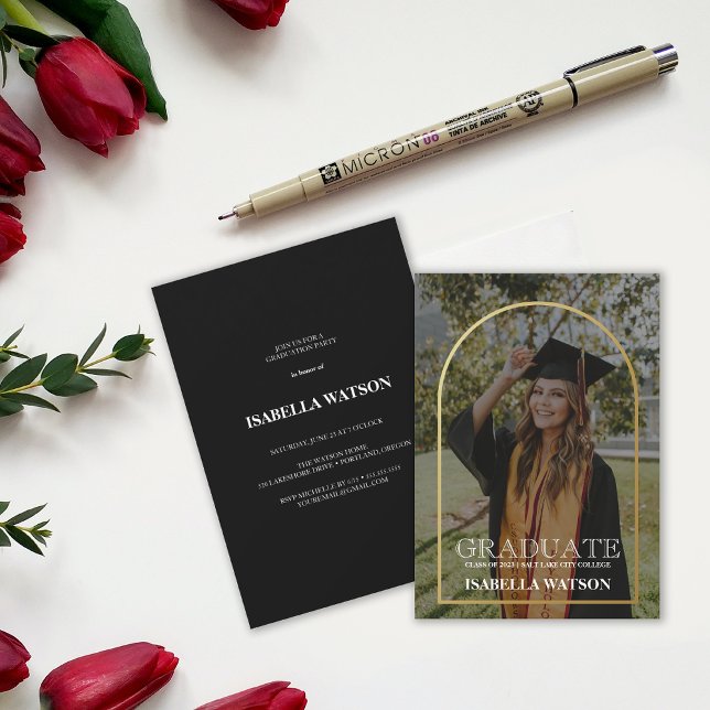 Modern Guld Arch Photo Grad Party Inbjudningar (Modern Gold Arch Photo Grad Party Invitation)