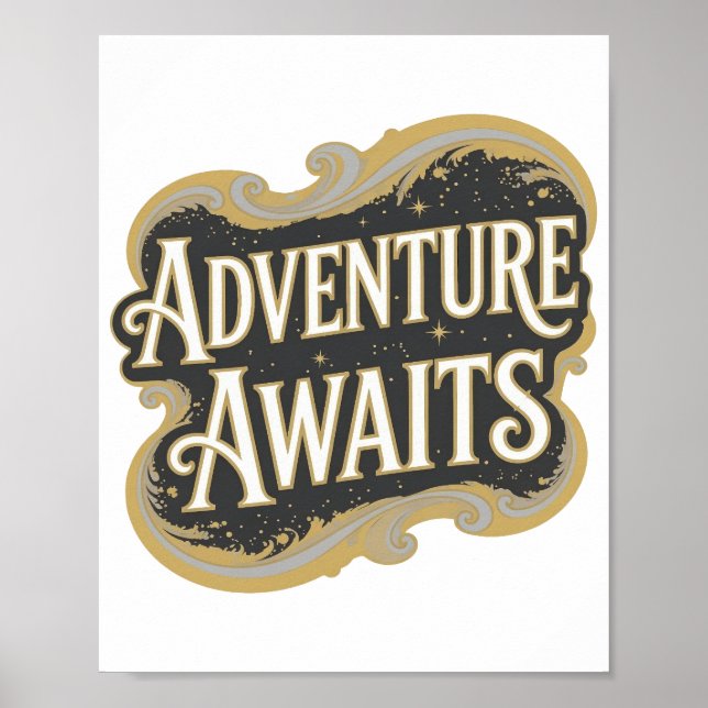 Modern Guld ÄVENTYR VÄNTER 3D Text Konst Poster (Framsidan)