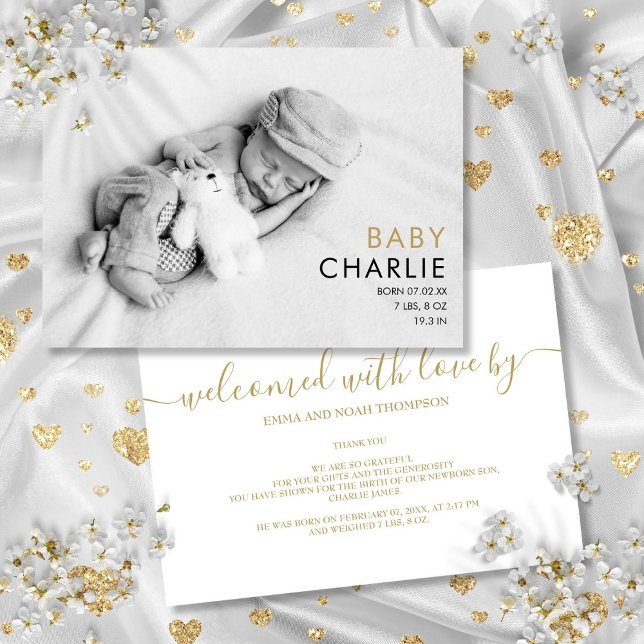 Modern guld baby foto chic elegant födelse meddelande (Modern Gold Baby Photo Chic Elegant Birth Announcement)