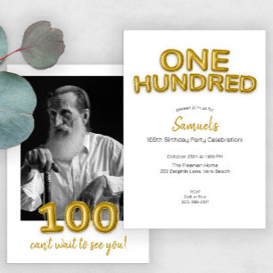 Modern Guld-ballongs 100:e Födelsedagsfest-foto Inbjudningar