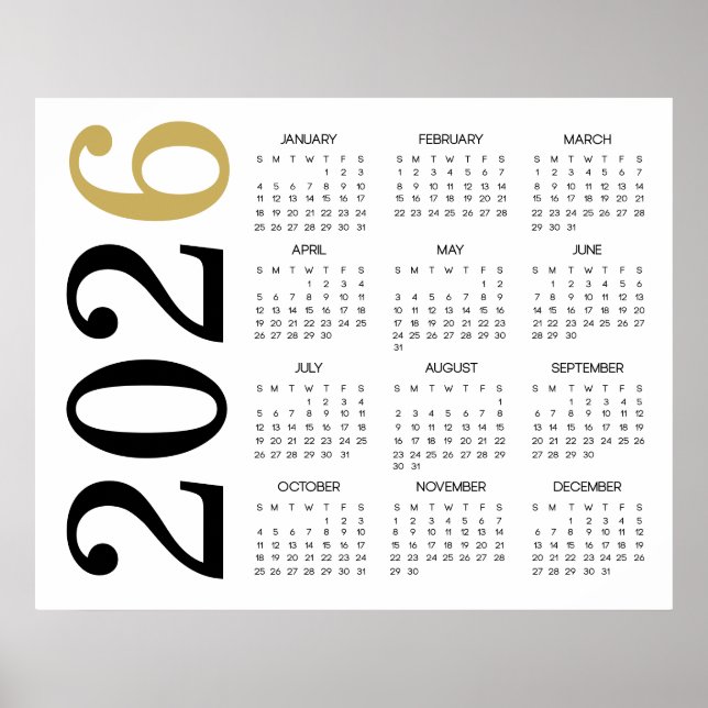 Modern Guld Black 2026-kalender Poster (Framsidan)