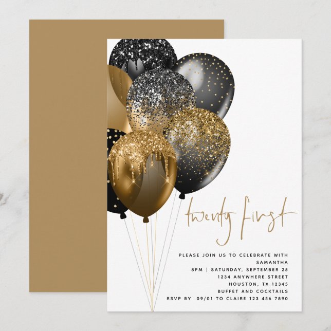 Modern Guld Black Balloons 21:a Party Inbjudningar (Fram/baksida)