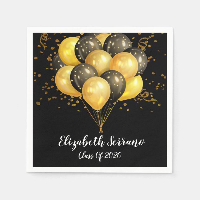 Modern Guld Black Balloons Confetti Grad Party Pappersservett (Framsidan)