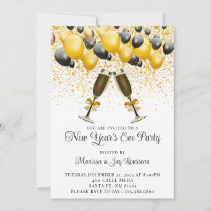 Modern Guld Black Balloons Nyårsafton Party Inbjudningar