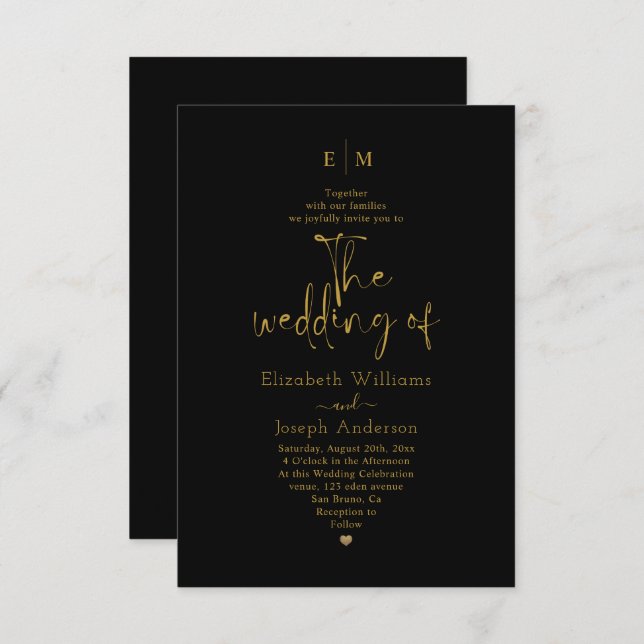 Modern Guld & Black Calligraphy Monogram bröllop Inbjudningar (Fram/baksida)