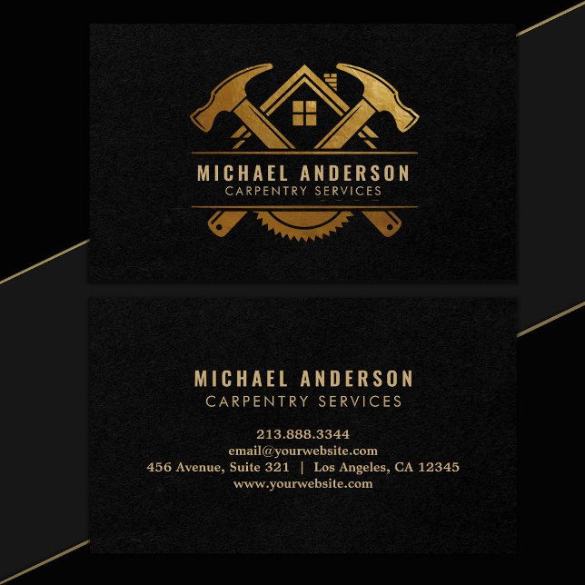 Modern Guld & Black Carpentry Service och Handyman Visitkort (Skapare uppladdad)