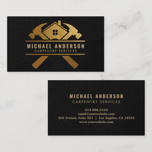 Modern Guld & Black Carpentry Service och Handyman Visitkort (Fram/baksida)