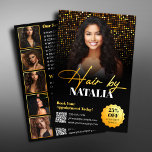 Modern Guld Black Gnistra Photo Hair Salon Service Flygblad<br><div class="desc">Befordra din hårsalon med den här eleganten och den moderna flygaren. Med en sofistikerad design för svartvitt och guld är det perfekten att locka nya kunder. Flyktaren har utrymme för din logotyp, kontaktinformation och en QR-kod för enkel bokning. Skapa en påstående med en professionell som lyfter fram dina tjänster och...</div>