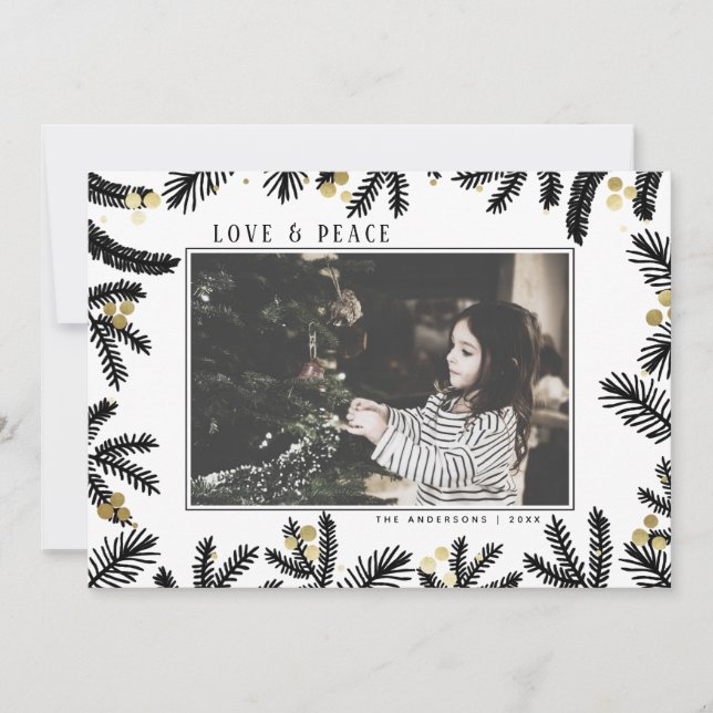 Modern Guld & Black Gräs och Berries Helgdag Photo Julkort (Framsida)