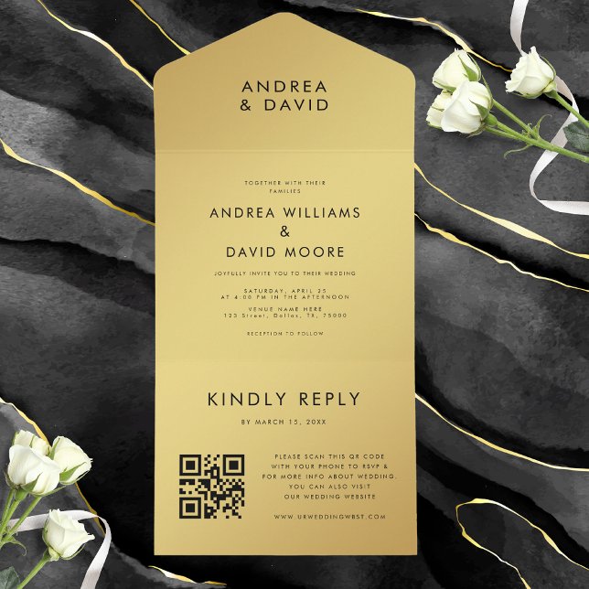 Modern Guld Black Minimalist QR Code OSA Bröllop (Skapare uppladdad)