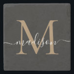 Modern Guld Black Monogram Feminine-skript Namn Stenunderlägg<br><div class="desc">Elegant Guld Black Monogram Feminine-skriptet Namn Stone Underlägg</div>