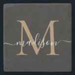 Modern Guld Black Monogram Feminine-skript Namn Stenunderlägg<br><div class="desc">Elegant Guld Black Monogram Feminine-skriptet Namn Stone Underlägg</div>