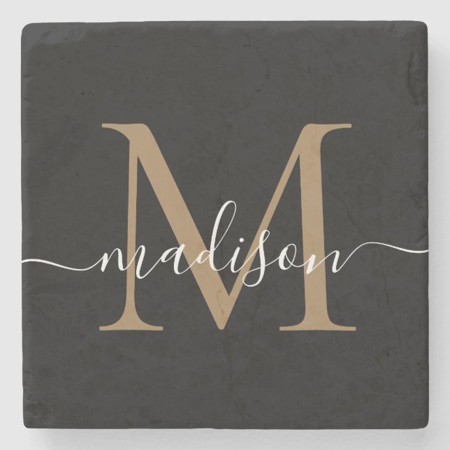 Modern Guld Black Monogram Feminine-skript Namn Stenunderlägg (Framsidan)