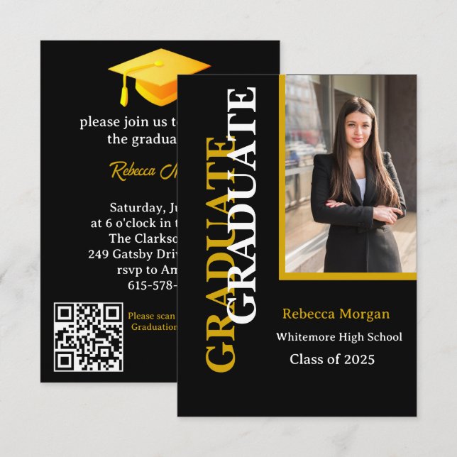 Modern Guld Black Qr-kod Foto Studenten Inbjudningar (Fram/baksida)