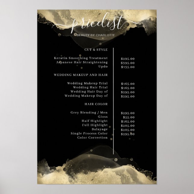Modern Guld Black Watercolor Pricelist Poster (Framsidan)