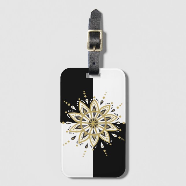 Modern Guld Black & White Mandala Design Bagagebricka (Framsida vertikal)
