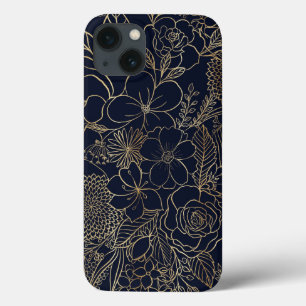 Modern Guld Blue Blommigt Doodles linjekonst