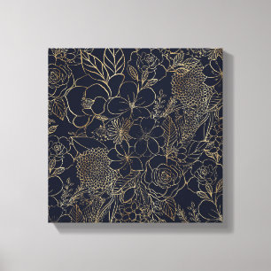 Modern Guld Blue Blommigt Doodles linjekonst Canvastryck