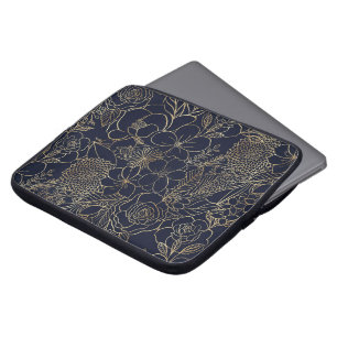 Modern Guld Blue Blommigt Doodles linjekonst Laptop Fodral