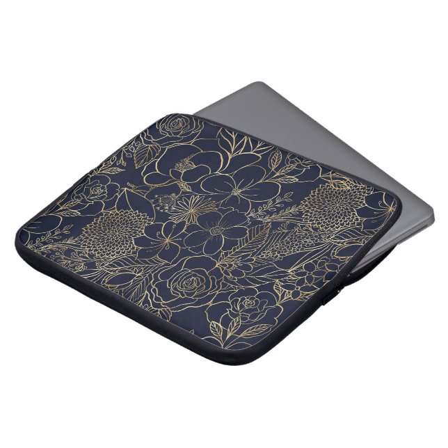 Modern Guld Blue Blommigt Doodles linjekonst Laptop Fodral (Framsida topp)