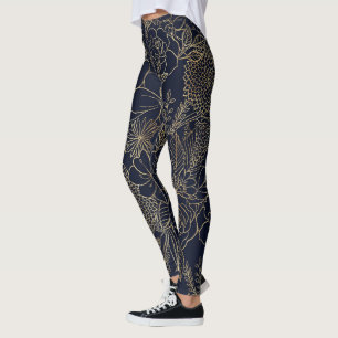 Modern Guld Blue Blommigt Doodles linjekonst Leggings