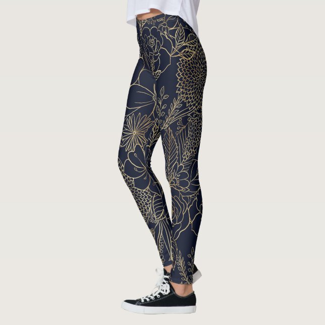 Modern Guld Blue Blommigt Doodles linjekonst Leggings (Vänster)