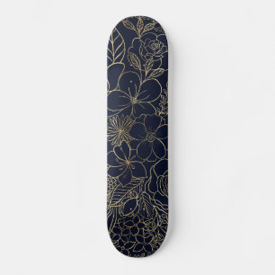 Modern Guld Blue Blommigt Doodles linjekonst Mini Skateboard Bräda 18,5 Cm