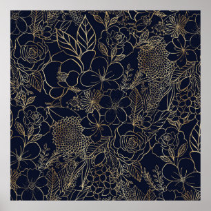 Modern Guld Blue Blommigt Doodles linjekonst Poster